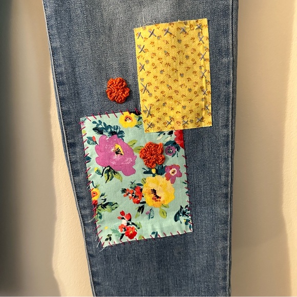 Old Navy up cycled mixed media Boho jeans with Bee Patches, 00AK Size 14, - Picture 4 of 9
